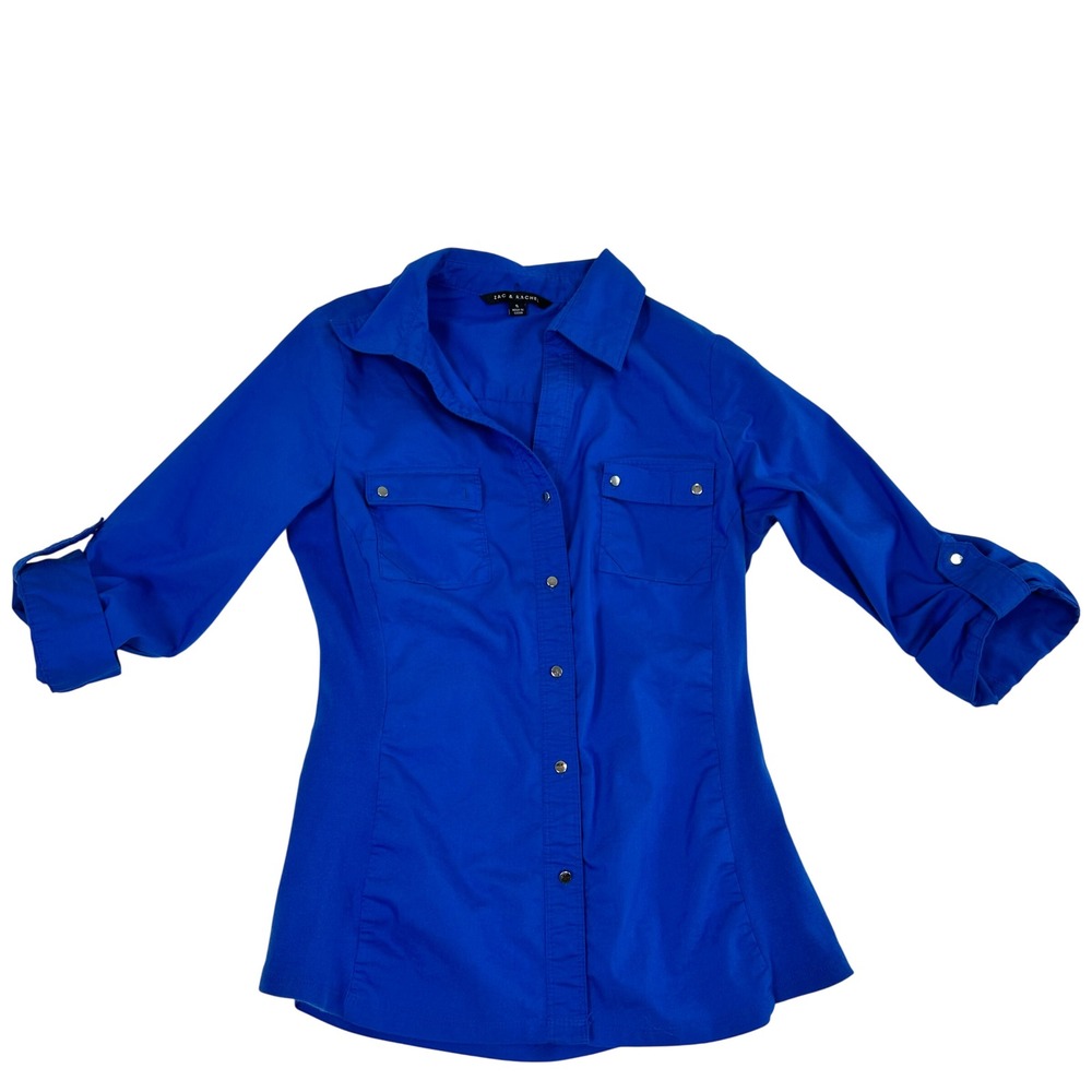 Zac & Rachel Royal Blue Snap Front Roll Tab Sleeve Button Down Shirt Small